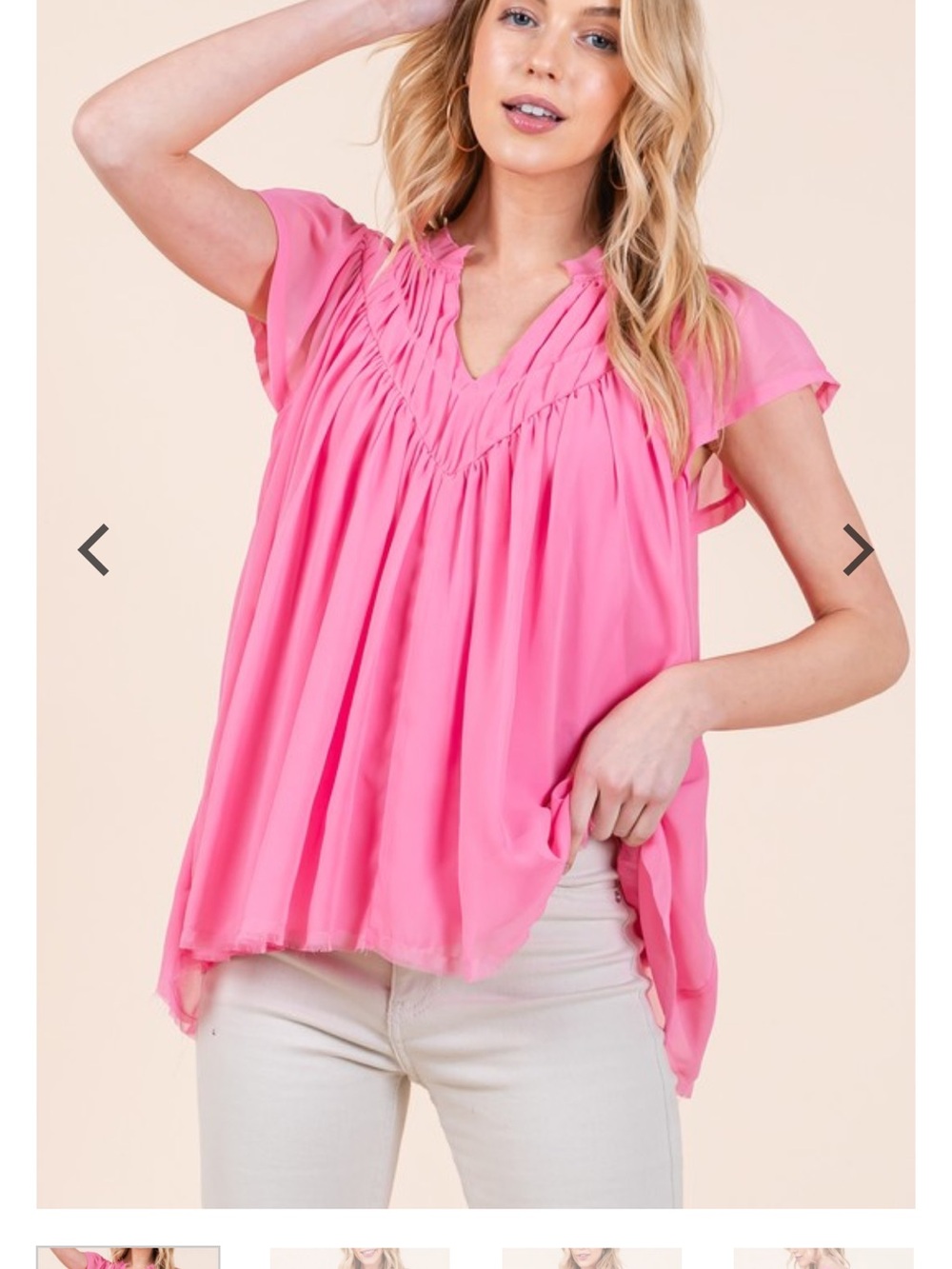 Pleated V-Neck Flutter Sleeve Blouse - Pink